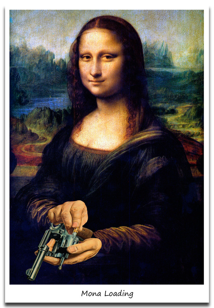 Mona Lisa loads her gun. Mona Lisa, Leonardo Da Vinci, handgun, gun, bullets, The Louvre, parody, collage, violence, self-defense, fine art, art, collage